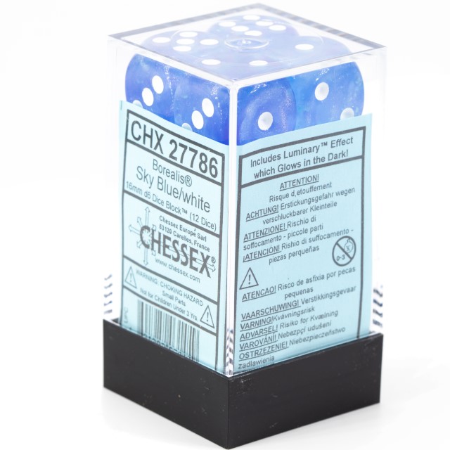 Borealis Himmelblau / Weiß 16mm W6 Würfel Set (12 Würfel)
