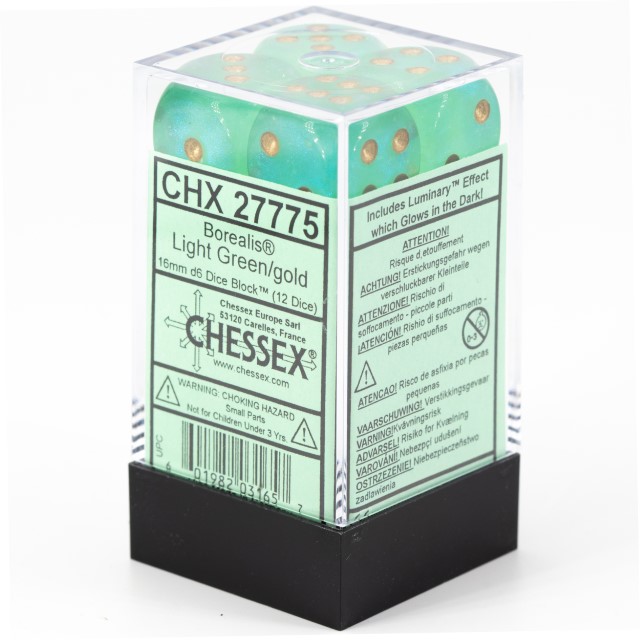 Borealis hellgrün / gold 16mm W6 Würfel Set (12 Würfel)