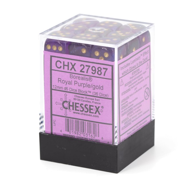 Borealis Königsviolett / Gold 12mm W6 Würfel Set (36 Würfel)