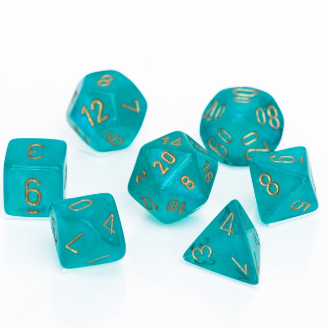 Borealis® Polyhedral Blaugrün / Gold 7-Würfel Set