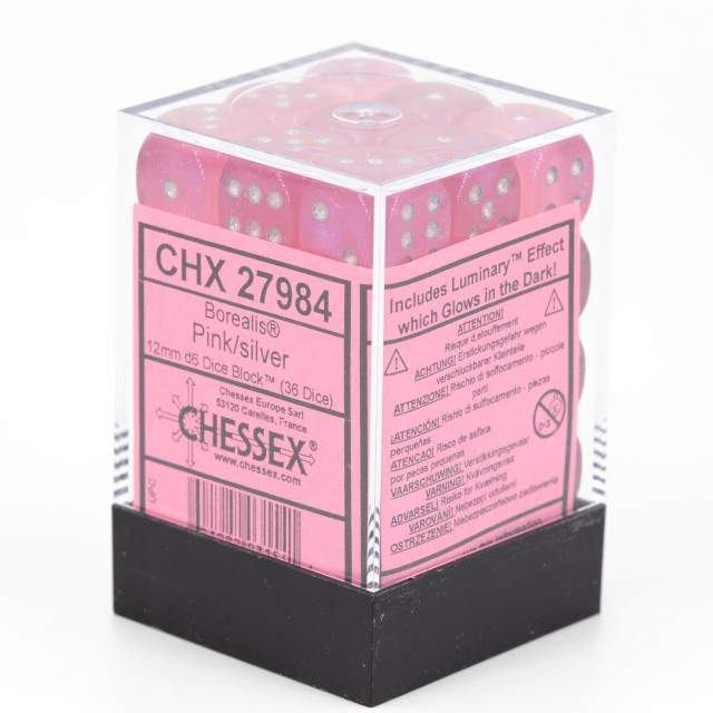 Borealis Pink / silber 12mm W6 Würfel Set (36 Würfel)