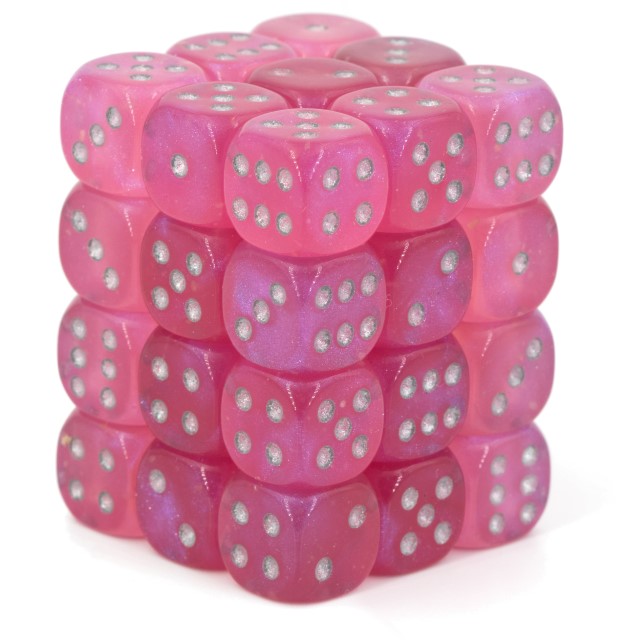 Borealis Pink / silber 12mm W6 Würfel Set (36 Würfel)
