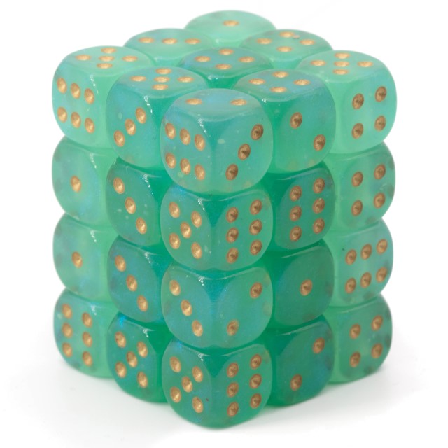 Borealis hellgrün / gold 12mm W6 Würfel Set (36 Würfel)