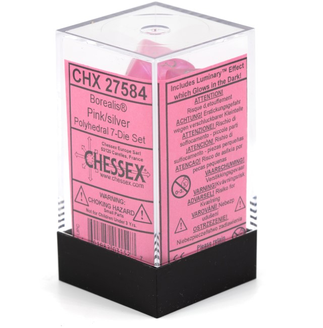 Borealis® Polyhedral Pink / silber 7-Würfel Set