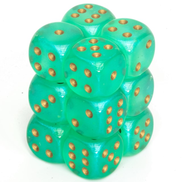 Borealis hellgrün / gold 16mm W6 Würfel Set (12 Würfel)