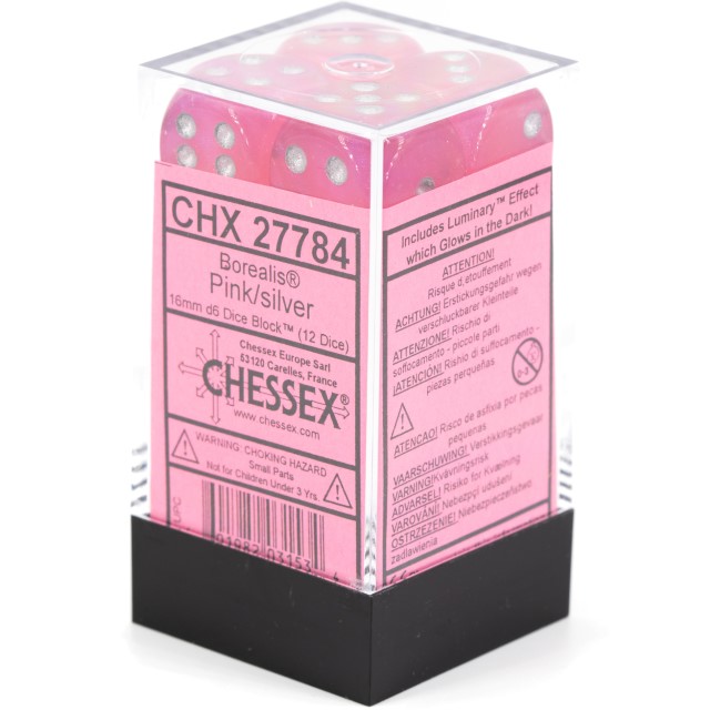 Borealis Pink / silber 16mm W6 Würfel Set (12 Würfel)