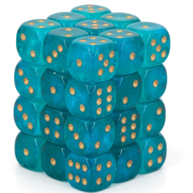 Borealis Blaugrün / Gold 12mm W6 Würfel Set (36 Würfel)