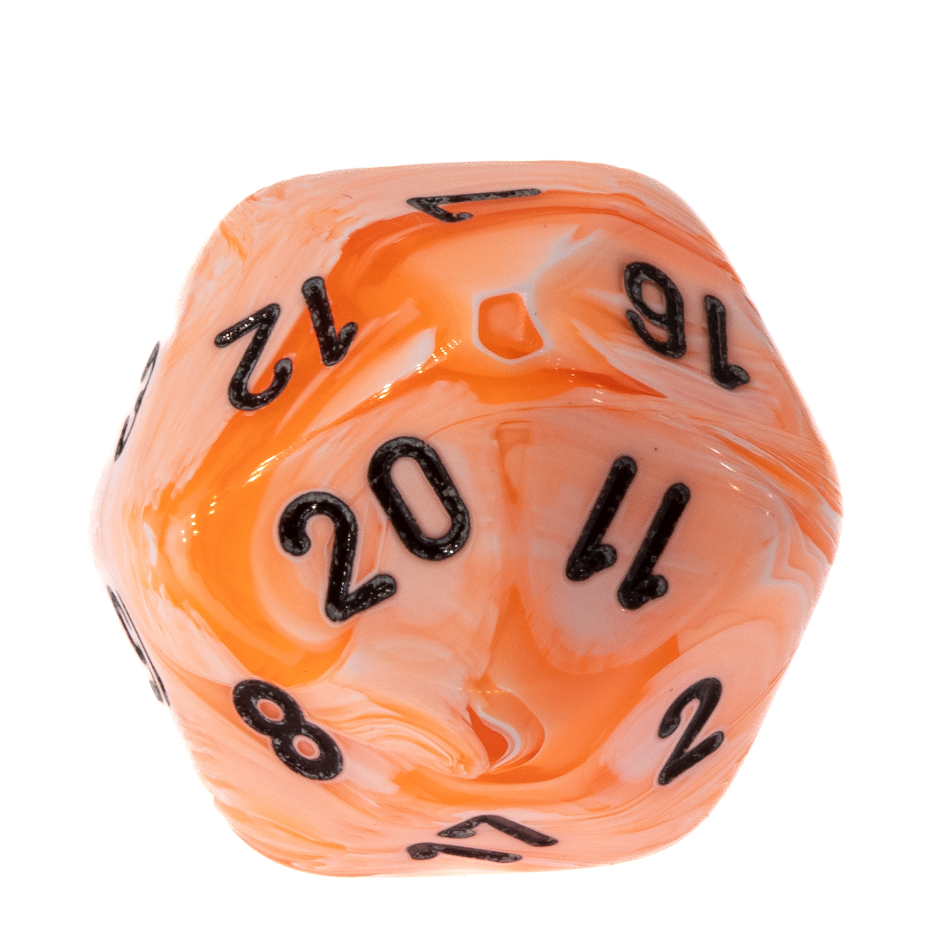 W20 Würfel in ice cream orange / schwarz Marmor