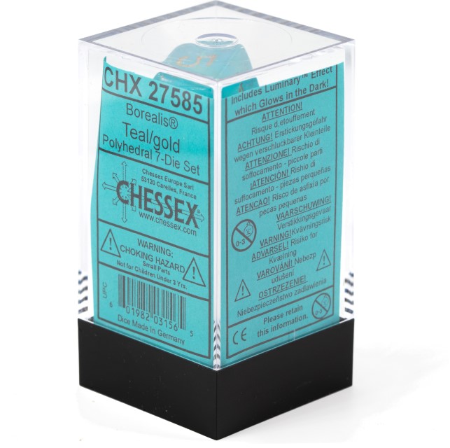 Borealis® Polyhedral Blaugrün / Gold 7-Würfel Set