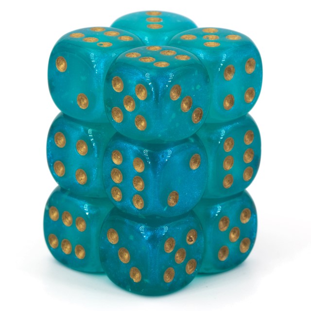 Borealis Blaugrün / Gold 16mm W6 Würfel Set (12 Würfel)