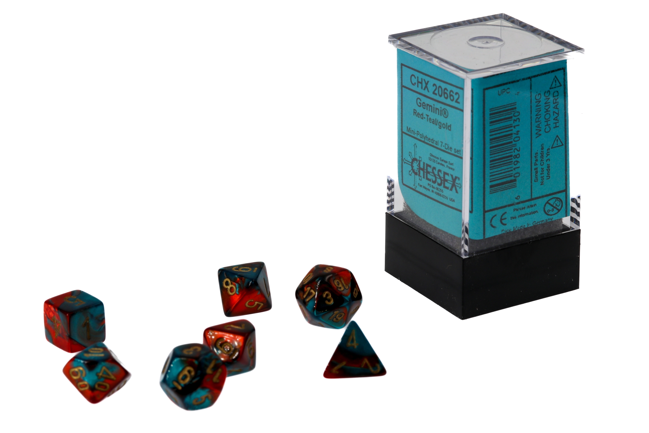 Mini-hedral Gemini® Polyhedral Rot-Blaugrün / gold 7-Würfel Set