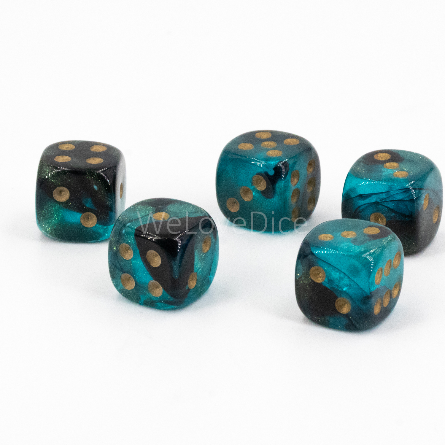 12mm Würfel in glitzer türkis schwarz / gold 2-Ton