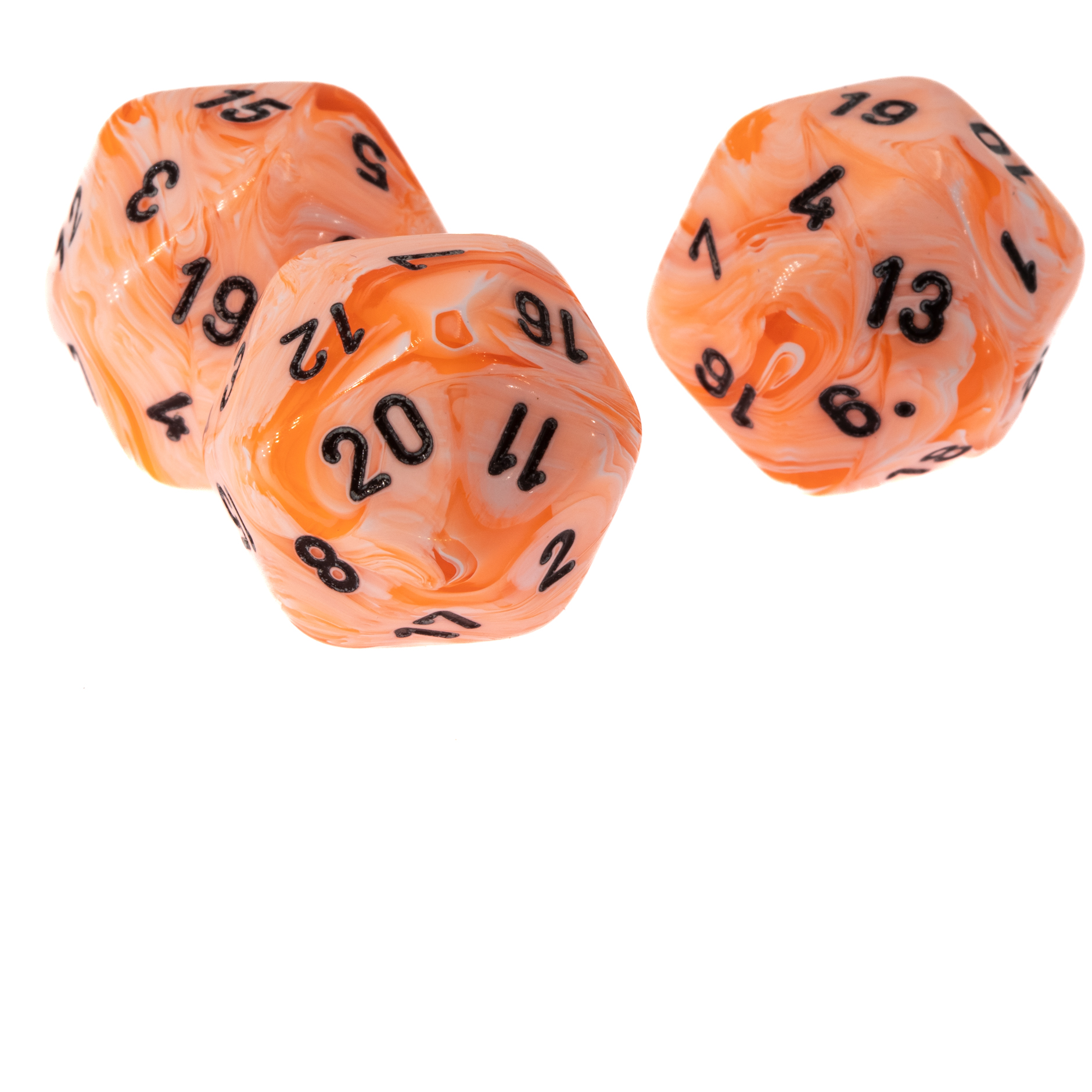 W20 Würfel in ice cream orange / schwarz Marmor