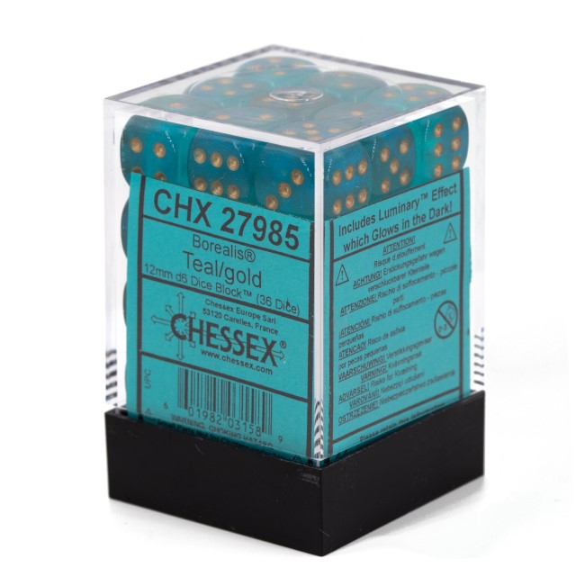 Borealis Blaugrün / Gold 12mm W6 Würfel Set (36 Würfel)