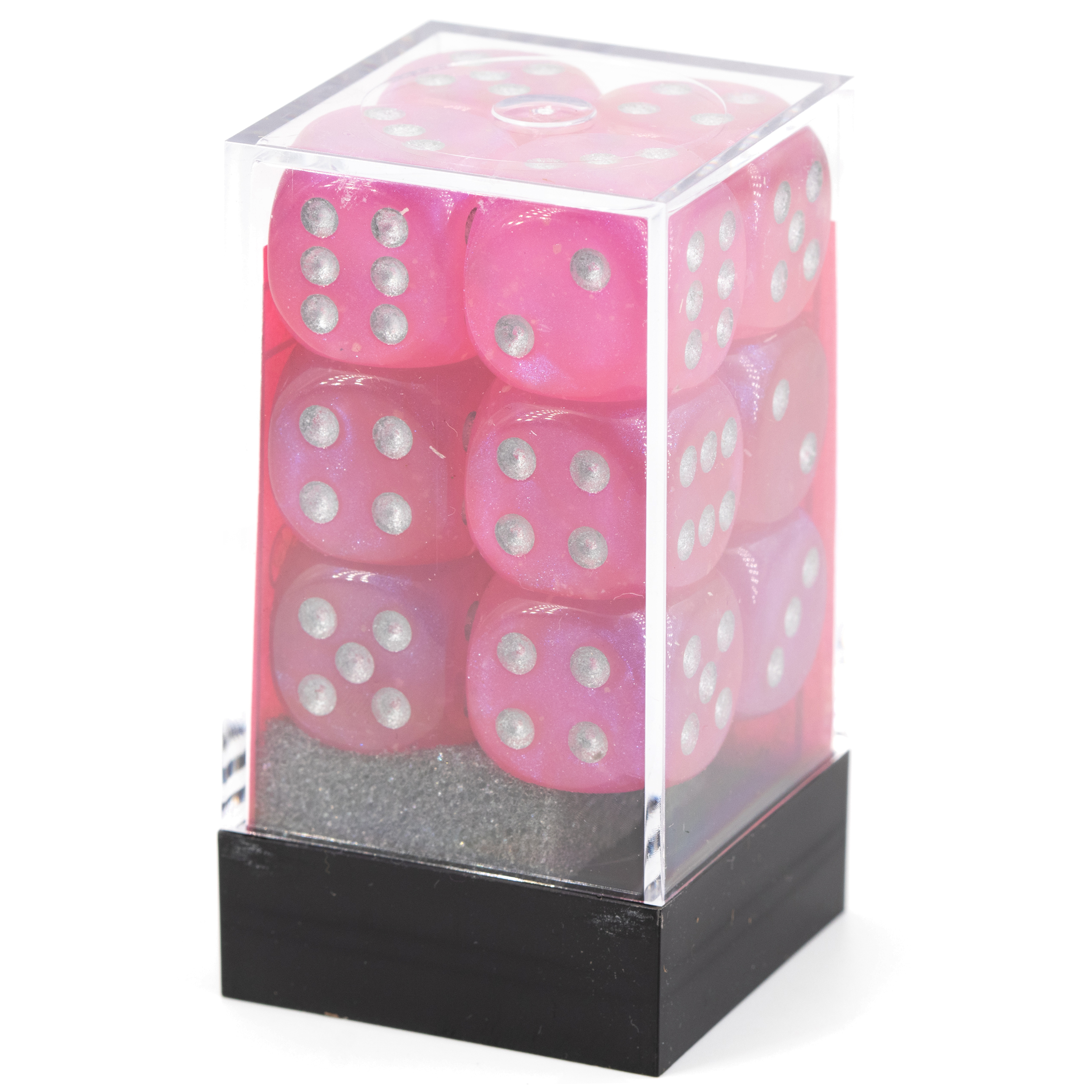 Borealis Pink / silber 16mm W6 Würfel Set (12 Würfel)