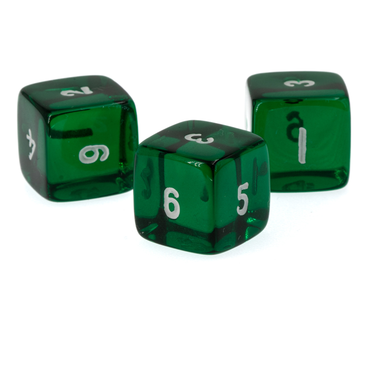 W6 Würfel in dunkelgrün transparent / weiß Transparent