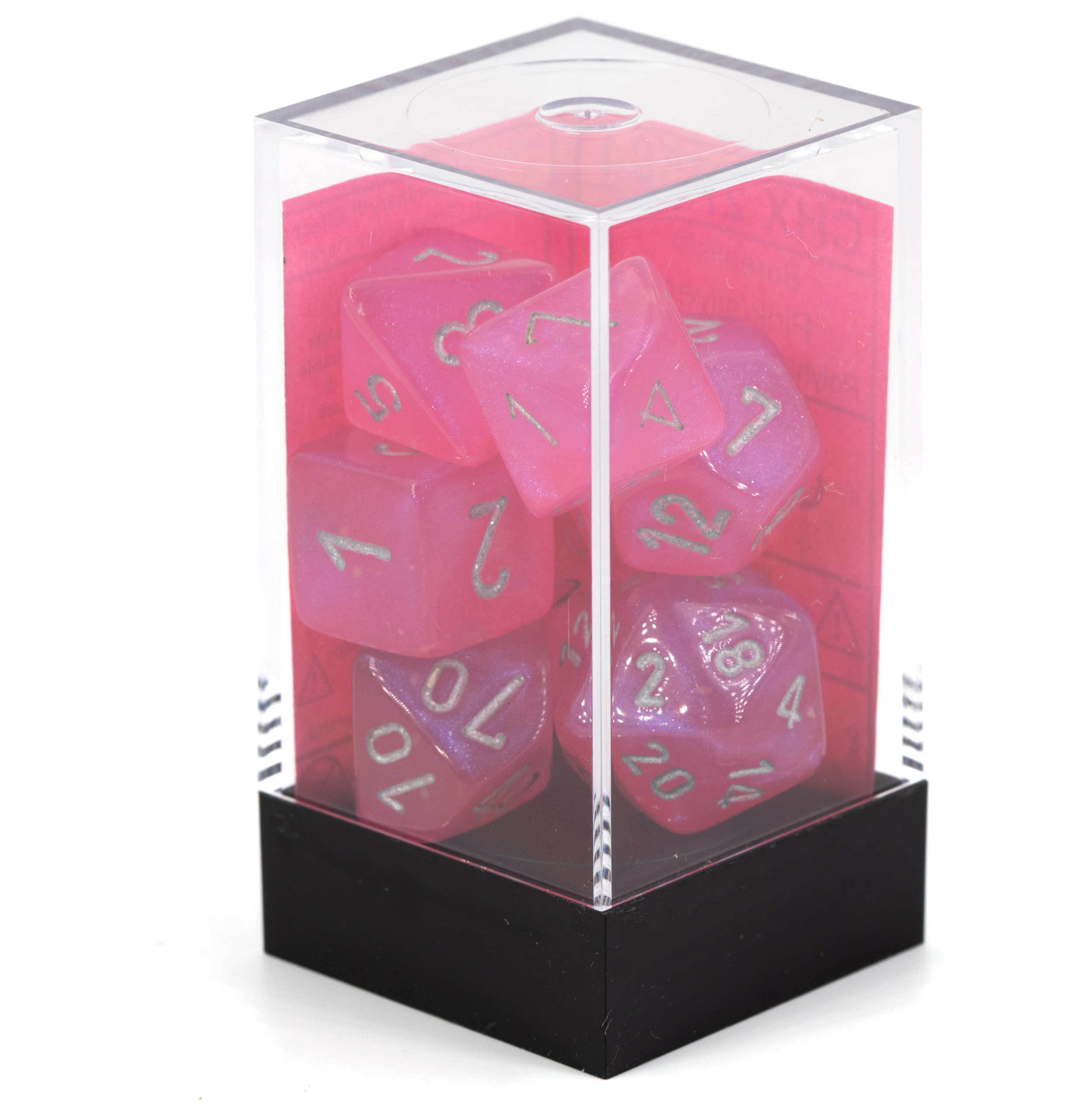 Borealis® Polyhedral Pink / silber 7-Würfel Set