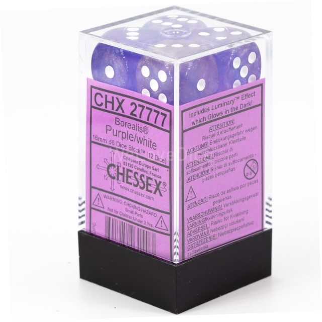 Borealis Lila / weiß 16mm W6 Würfel Set (12 Würfel)