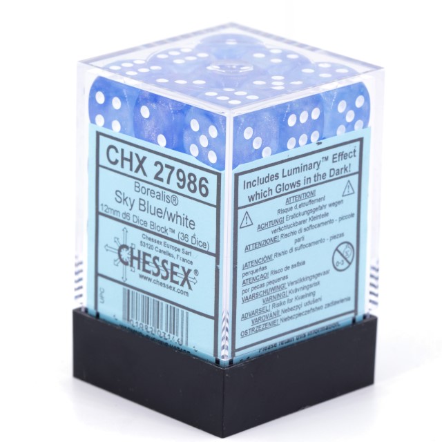Borealis Himmelblau / Weiß 12mm W6 Würfel Set (36 Würfel)