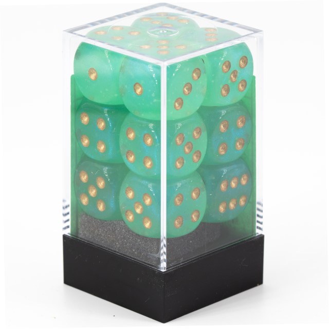 Borealis hellgrün / gold 16mm W6 Würfel Set (12 Würfel)